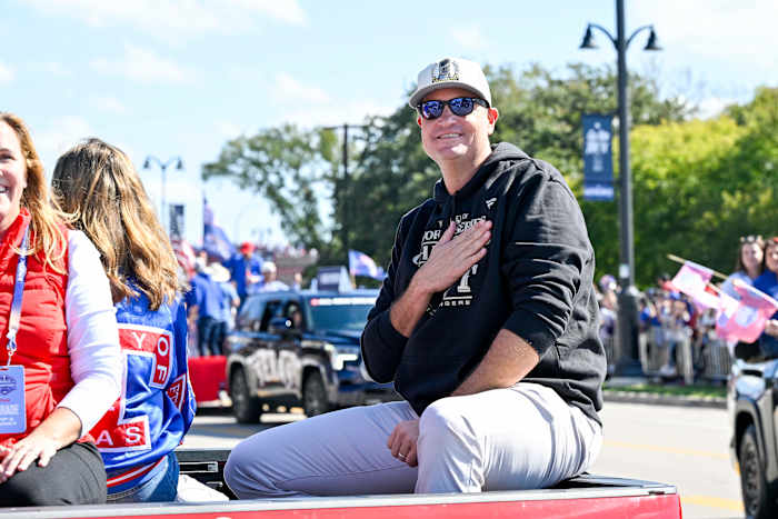 Nov 3, 2023; Arlington, TX, USA; Texas Rangers genera manager Chris Young smiles to the fans during the World Series championship parade at Globe Life Field. Mandatory Credit: Jerome Miron-USA TODAY Sports